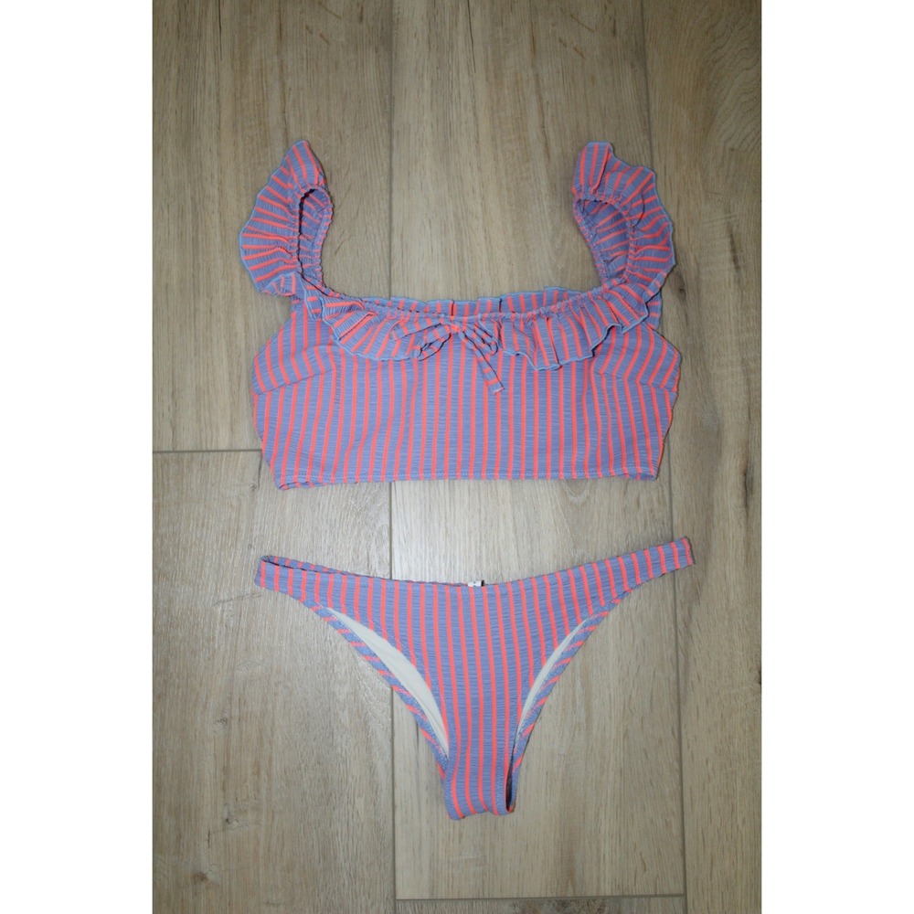 Solid & Striped Womens Smocked Ruffle Bikini Set‎ Blue Pink Striped Size S